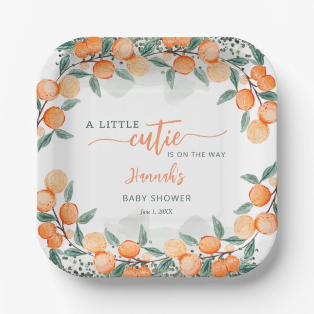 Little Cutie On The Way Orange Baby Shower  Paper Plate (Front)