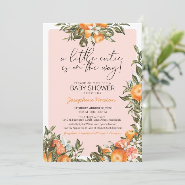 Little Cutie on the Way Orange Citrus Baby Shower  Invitation (Standing Front)