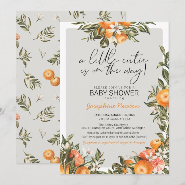 Little Cutie on the Way Orange Citrus Baby Shower Invitation (Front/Back)