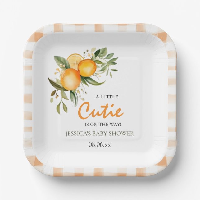 Little Cutie On The Way Orange Citrus Baby Shower  Paper Plate (Front)