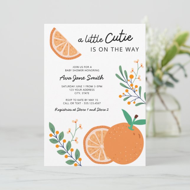 Little Cutie on the Way Orange Theme Baby Shower Invitation (Standing Front)