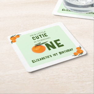 Little Cutie Orange 1st Birthday Square Paper Coaster