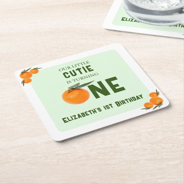 Little Cutie Orange 1st Birthday Square Paper Coaster (Angled)
