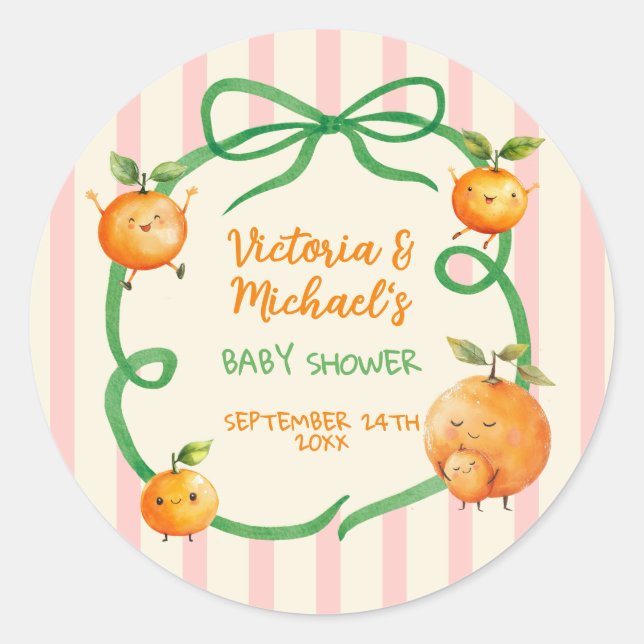 Little Cutie Orange Baby Shower Classic Round Sticker (Front)