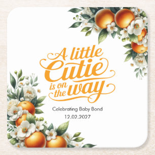 Little Cutie Orange Baby Shower Personalized Square Paper Coaster