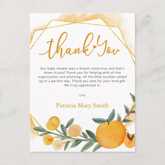 Little Cutie Orange Baby Shower Thank You Postcard (Front)