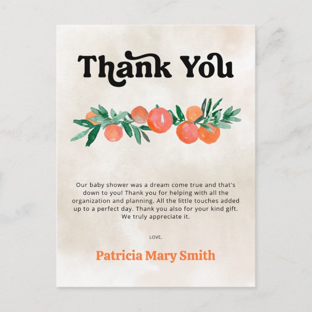 Little Cutie Orange Baby Shower Thank You Postcard (Front)
