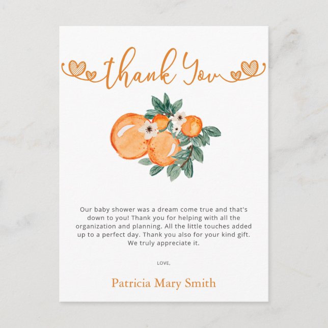 Little Cutie Orange Baby Shower Thank You Postcard (Front)