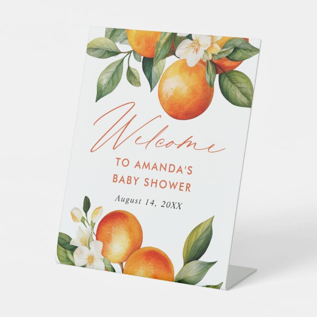 Little Cutie Orange Baby Shower Welcome Pedestal Sign (Front)