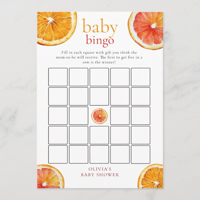 Little Cutie Orange Bingo Baby Shower Game Card (Front)