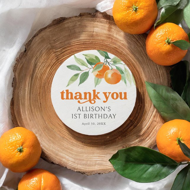Little Cutie Orange Birthday Party Classic Round Sticker (Creator Uploaded)