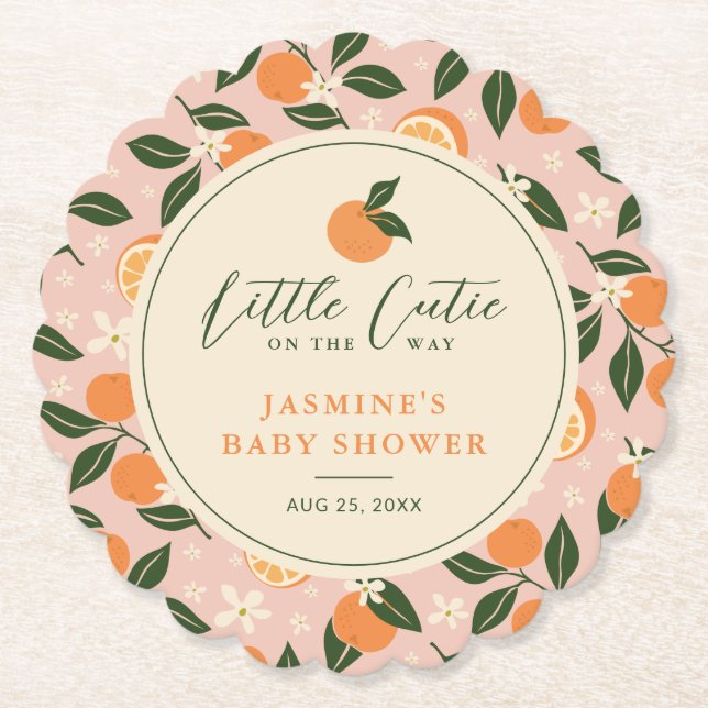 Little Cutie Orange Citrus Baby Shower Paper Coaster (Front)