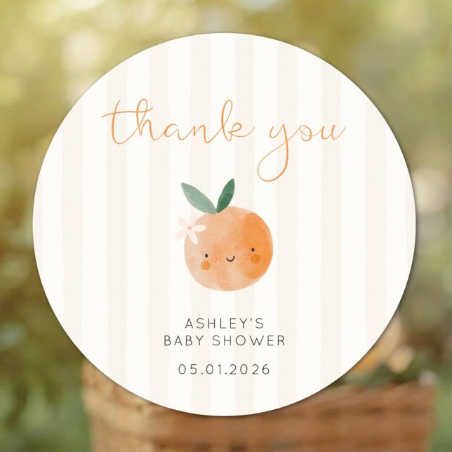 Little Cutie Orange Citrus Baby Shower Thank You Classic Round Sticker (Creator Uploaded)