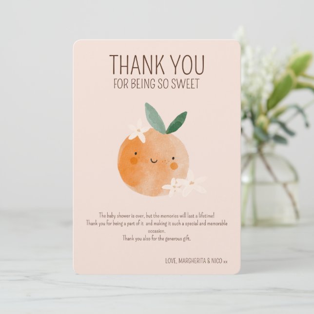 Little Cutie Orange Citrus Botanical Baby Shower Thank You Card (Standing Front)