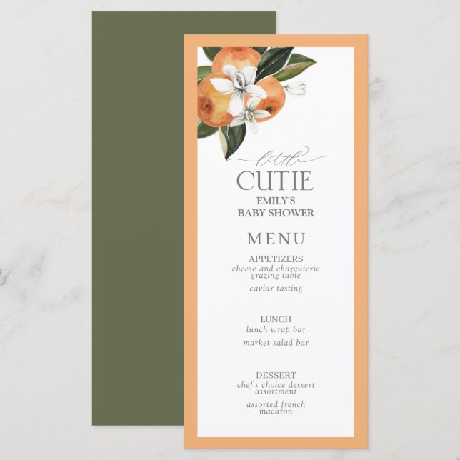 Little Cutie Orange Citrus Watercolor Shower Menu (Front/Back)