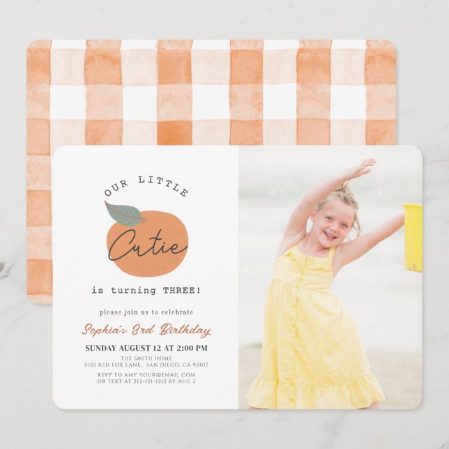 Little Cutie Orange Clean Birthday Photo Invitation (Front/Back)