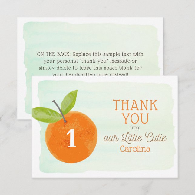 Little Cutie Orange Clementine 1st Birthday  Thank You Card (Front/Back)