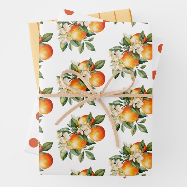 Little Cutie Orange Clementine Dots Baby Shower Wrapping Paper Sheet (In situ)