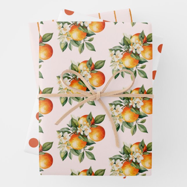 Little Cutie Orange Clementine Dots Baby Shower Wrapping Paper Sheet (In situ)