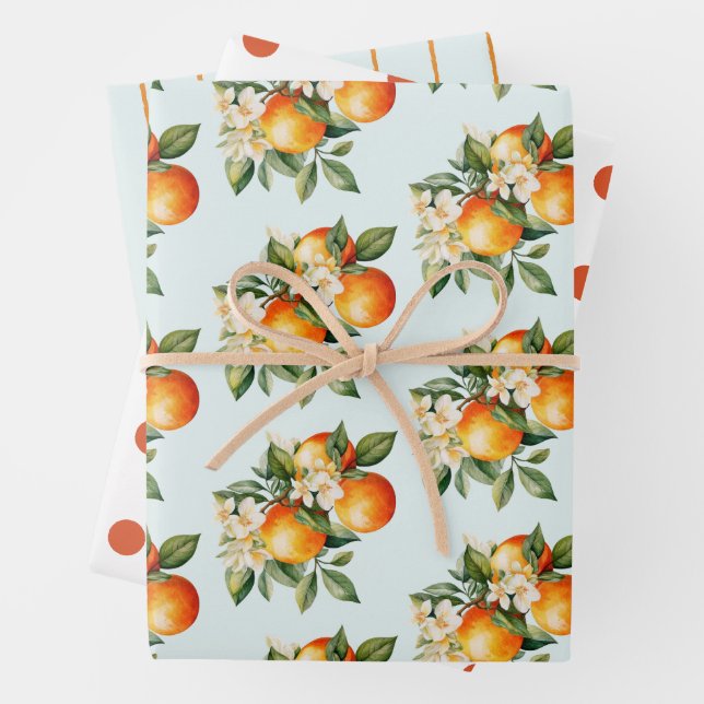 Little Cutie Orange Clementine Dots Baby Shower Wrapping Paper Sheet (In situ)