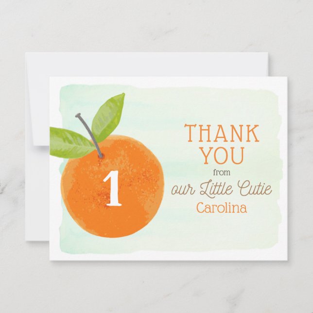 Little Cutie Orange Clementine First Birthday Thank You Card (Front)