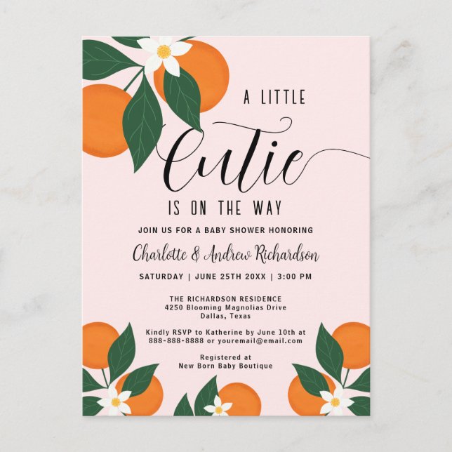 Little Cutie Orange Couples Baby Shower Invitation Postcard (Front)