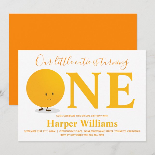 Little Cutie Orange First Birthday Invitation (Front/Back)
