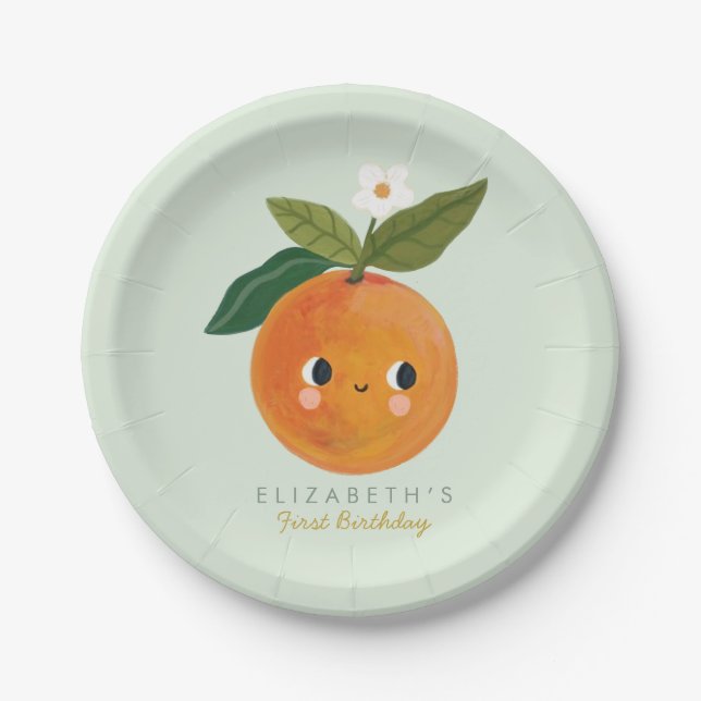 Little Cutie Orange First Birthday Paper Plate (Front)