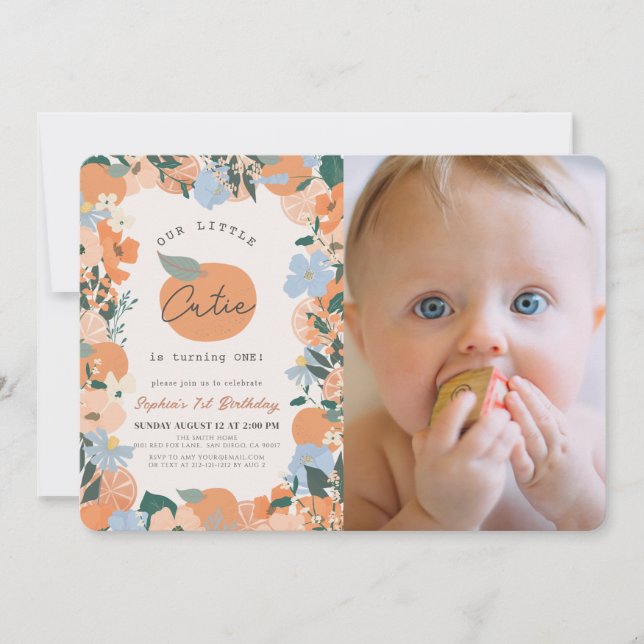 Little Cutie Orange Floral 1st Birthday Photo Invitation (Front)