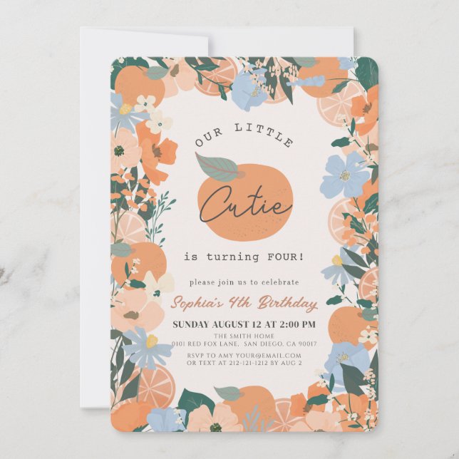 Little Cutie Orange Floral Girl Birthday Invitation (Front)