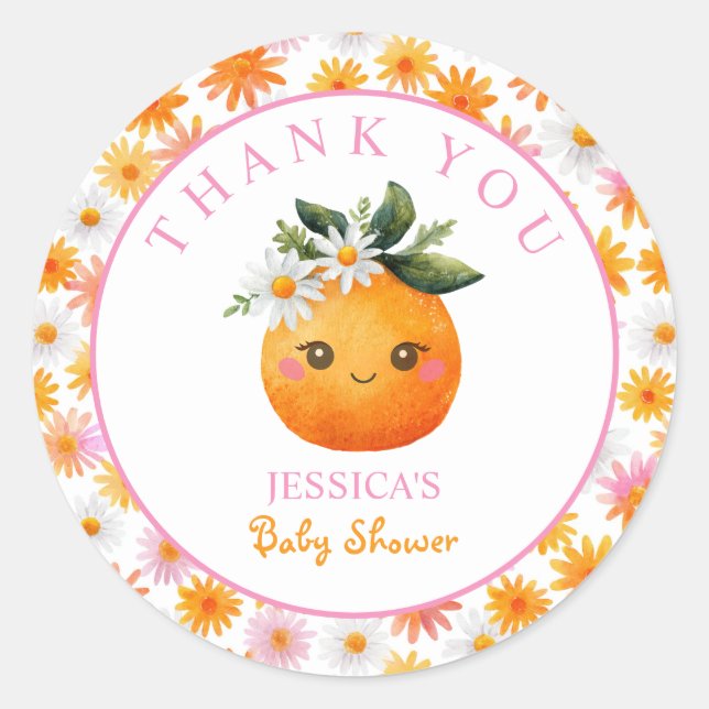 Little Cutie Orange Fruit Baby Shower Thank You Classic Round Sticker (Front)