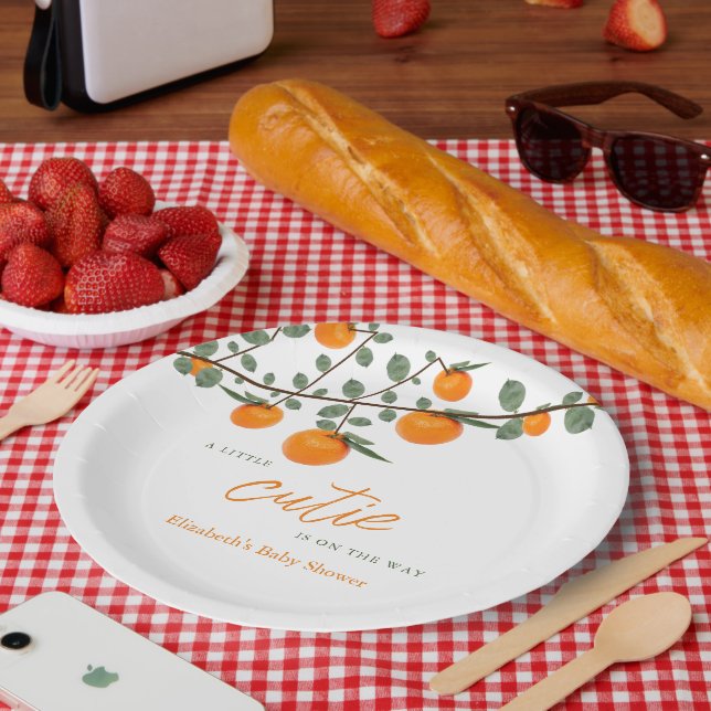 Little Cutie Orange Gender Neutral Baby Shower Paper Plate (Picnic)