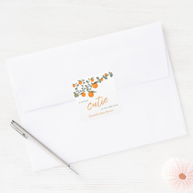 Little Cutie Orange Gender Neutral Baby Shower Square Sticker (Envelope)