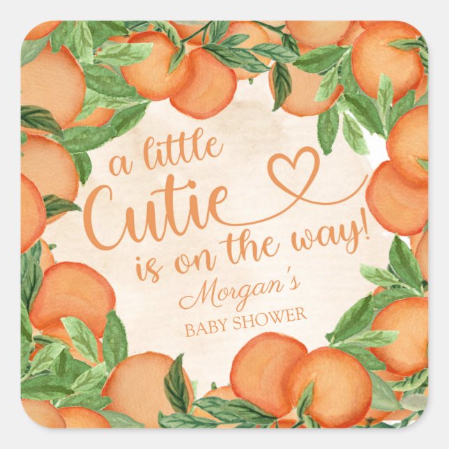 Little Cutie Orange Gender Neutral Baby Shower Square Sticker (Front)
