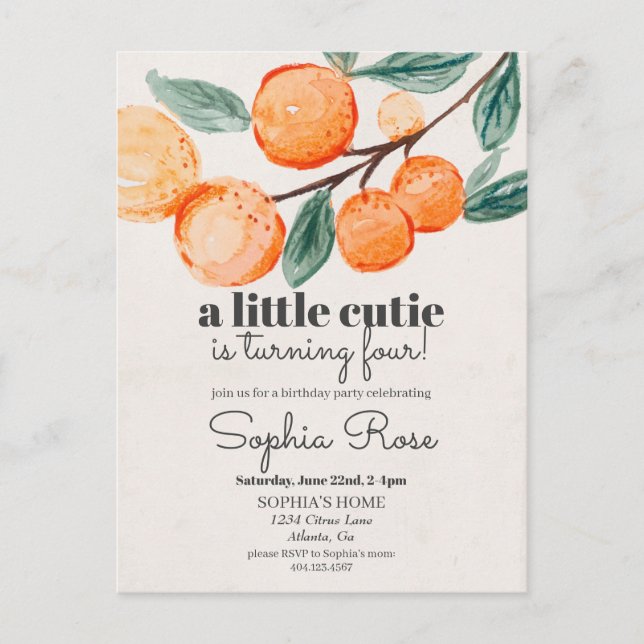 Little cutie orange girl birthday invite postcard (Front)