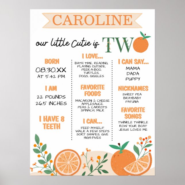 Little Cutie Orange Girls 2nd Birthday Milestone Poster (Front)