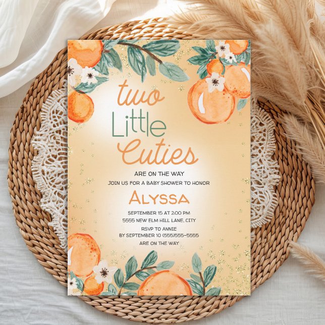 Little Cutie Orange Green Twin Baby Shower Invitation (Two Little Cuties twin baby shower invitation)