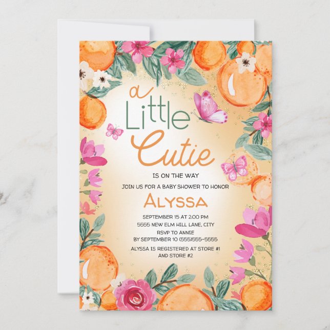 Little Cutie Orange Pink Floral Butterflies Invitation (Front)