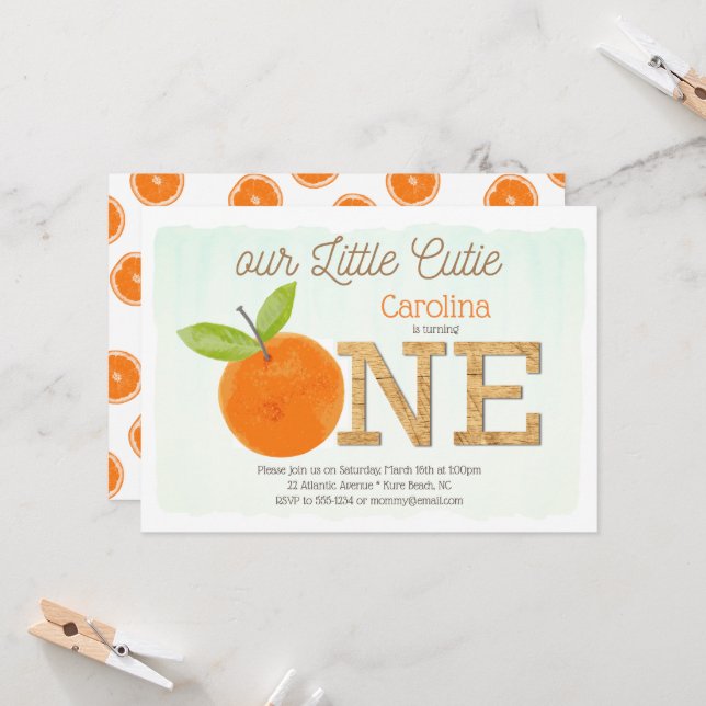 Little Cutie Orange Rustic 1st Birthday Girl Invitation (Front/Back In Situ)
