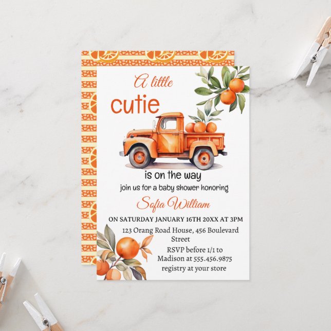little cutie orange truck citrus baby shower  invitation (Front/Back In Situ)