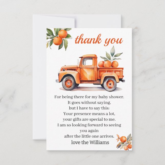  little cutie orange truck citrus baby shower  thank you card (Front)