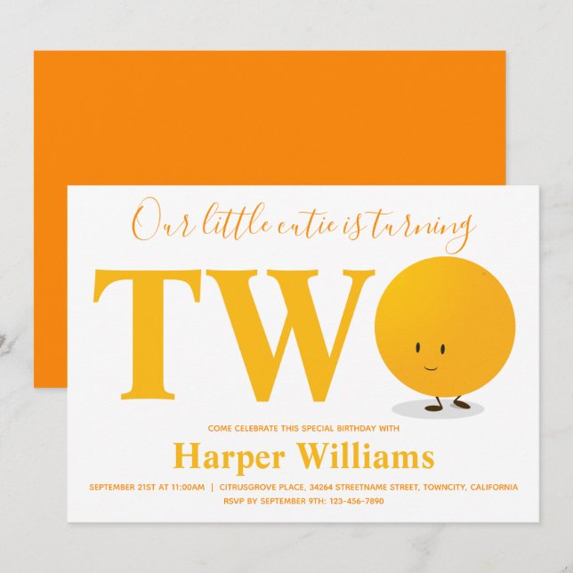 Little Cutie Orange Two 2nd Birthday Invitation (Front/Back)