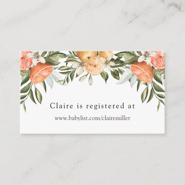 Little Cutie Oranges Baby Shower Registry Enclosure Card (Front)