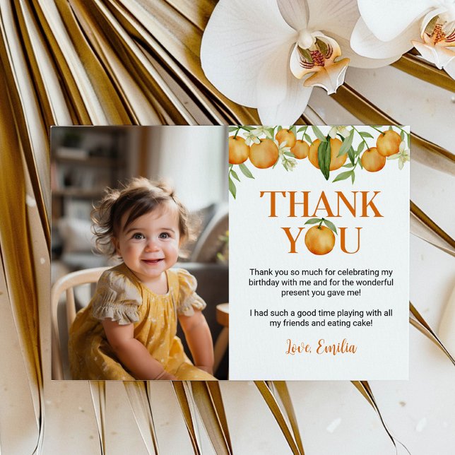 Little Cutie Oranges Birthday Photo Thank You Card (Creator Uploaded)