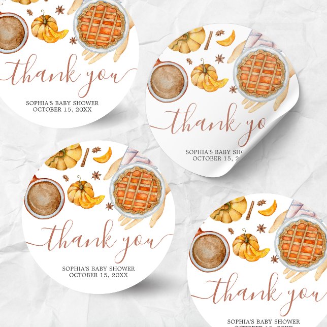 Little Cutie Pie Baby Shower Classic Round Sticker (Pumpkin Cutie Pie Fall Baby Shower Sticker)