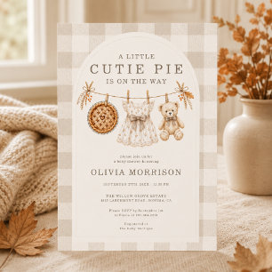 Little Cutie Pie Bear Gingham Fall Baby Shower Invitation