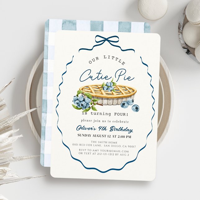 Little Cutie Pie Blueberry Blue Bow Birthday Invitation (Creator Uploaded)
