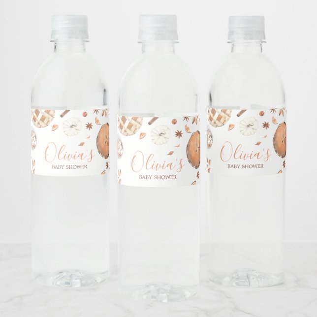 Little Cutie Pie Fall Pumpkin Baby Shower Water Bottle Label (Bottles)