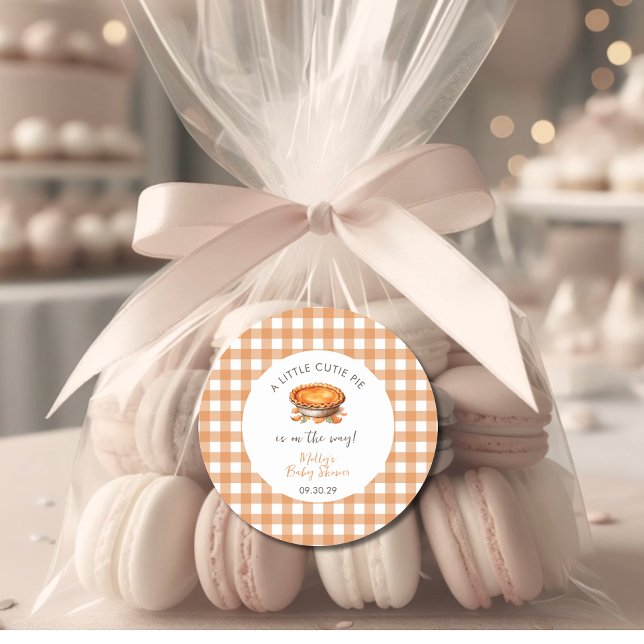 Little Cutie Pie Fall Pumpkin Gingham Baby Shower  Classic Round Sticker (Little Cutie Pie Round Sticker )