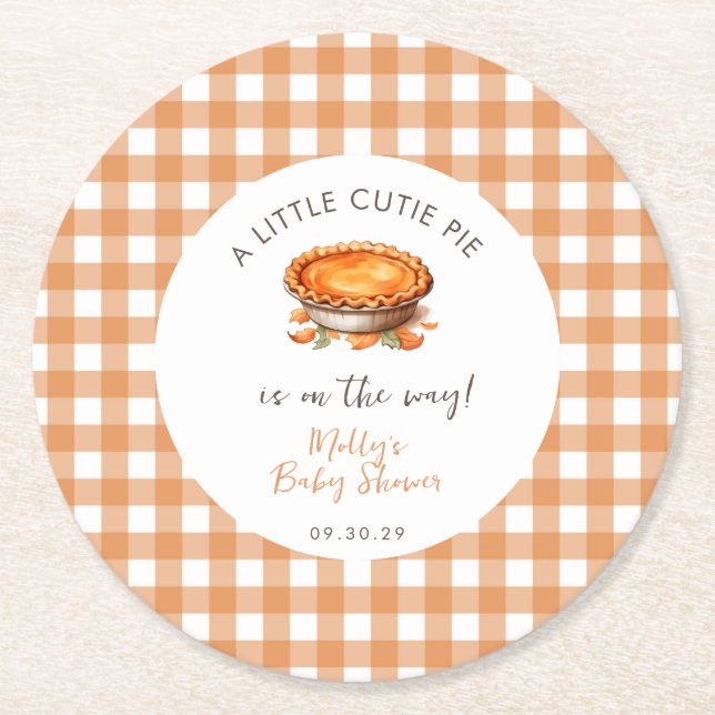 Little Cutie Pie Fall Pumpkin Gingham Baby Shower  Round Paper Coaster (Front)